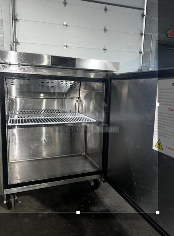 BERG BERS27 Sandwich Prep Table, one-door, stainless steel interior, visible shelf, open door, refrigeration unit.
