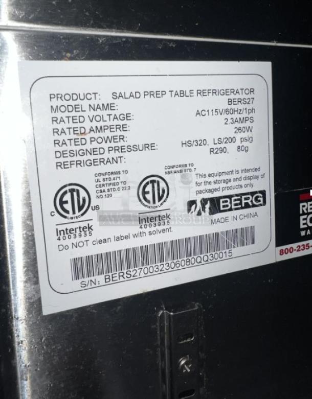 BERG BERS27 sandwich prep table label, showing model, voltage, amperage, power, pressure, and refrigerant details.