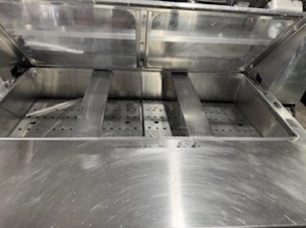 S&G Manufacturing BERS27 refrigerated sandwich prep table with clear lid, stainless steel, tested and working, visible compartments.