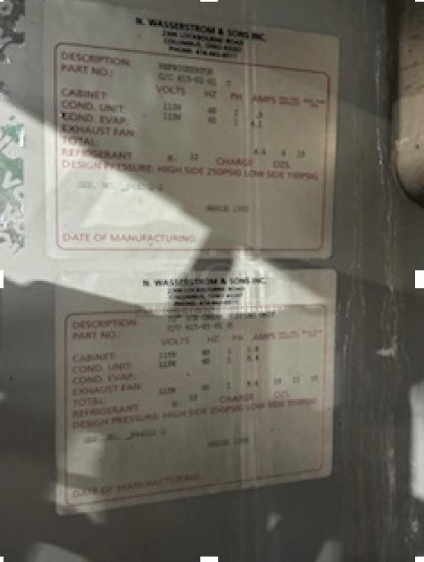 Commercial sink cooler combo, includes three compartments and a 2-door cooler. Labels detail model info, refrigerant type, and specs.