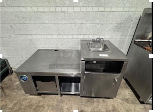 CUSTOM TABLE WITH SINGLE SINK, stainless steel, built-in sink, storage cabinet, open shelf, excellent condition.