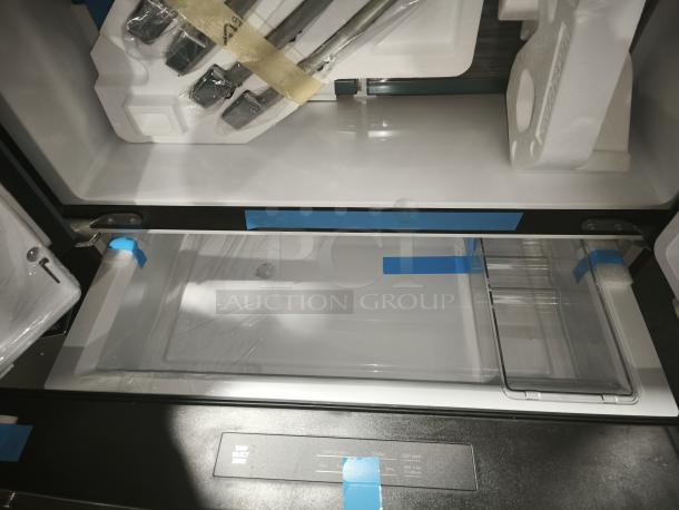 GE Profile 27.9 cu ft 4-Door French Door Refrigerator, model PVD28BYNFS, new, with packaging, fingerprint-resistant.