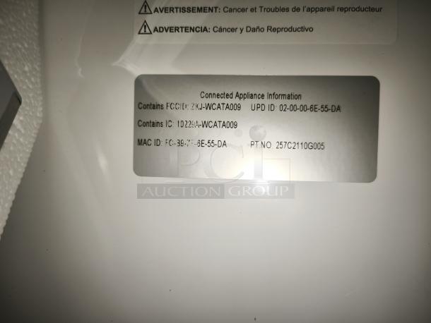 GE Profile™ 27.9 cu ft Smart Fingerprint-Resistant 4-Door French Door Refrigerator with Door-in-Door, Model PVD28BYNFS. Tag shows connected appliance info, including FCC ID: 2KJ-WCATA009 and MAC ID.