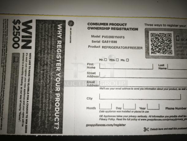 GE refrigerator ownership registration card for model PVD28BYNFS; includes fields for owner details and QR code for registration.