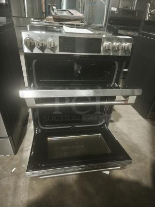 GE Café 30″ Smart Slide-In Induction/Convection Double-Oven Range, Model CHS950P2MS1, in new scratch and dent condition.