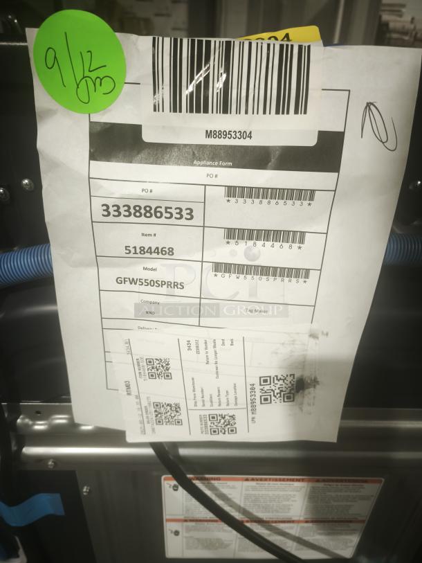 GE Smart Front-Load Washer, Model GFW550SPRRS, Like New, 4.8 cu ft, UltraFresh Vent System with OdorBlock, barcode and labels shown.