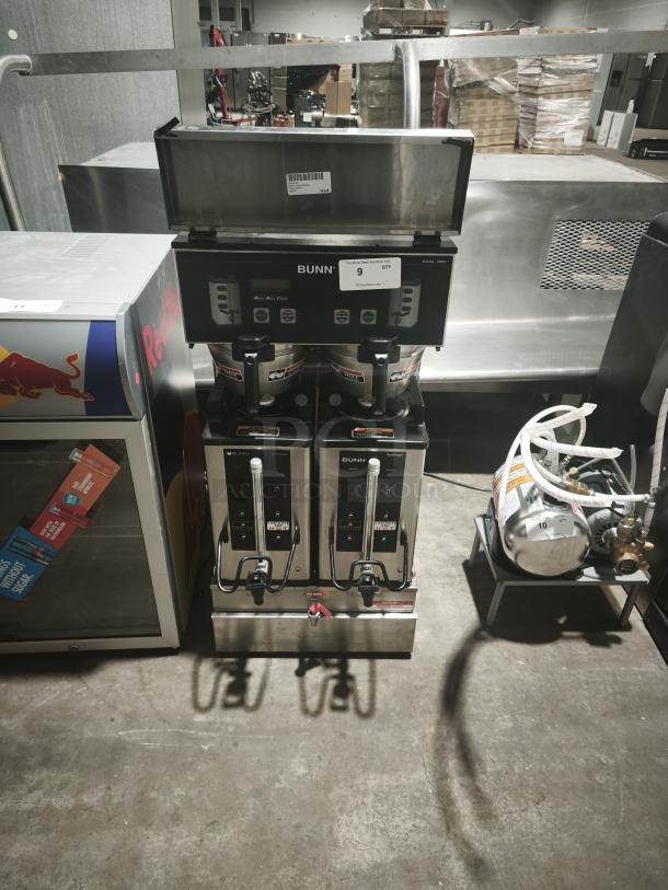 BUNN Soft Heat SH DBC Dual Coffee Brewer System, stainless steel, dual brewing stations, visible control panel, used condition.