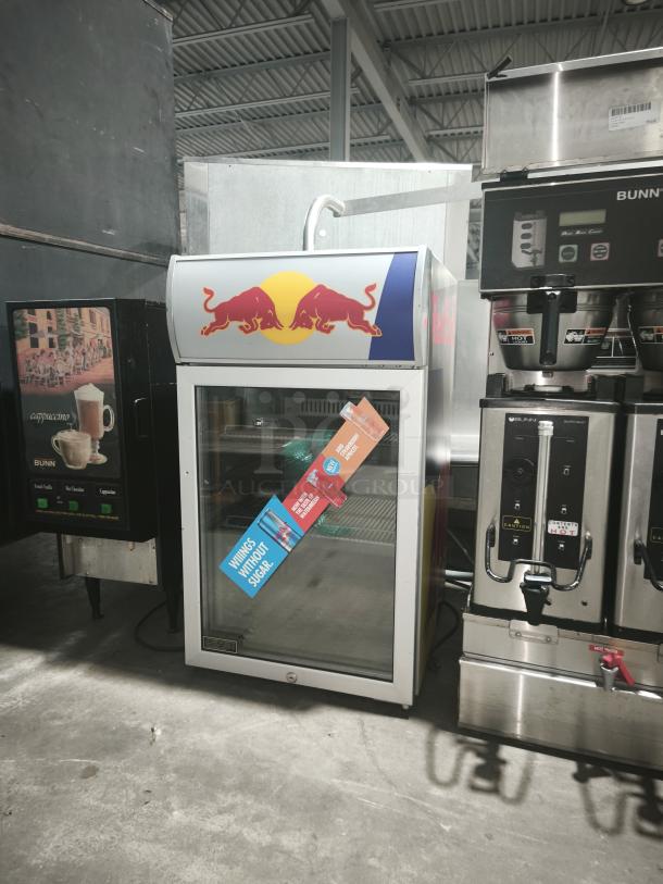 Red Bull VV3 LED Single Door Mini Display Cooler, featuring branding, glass door, excellent condition.