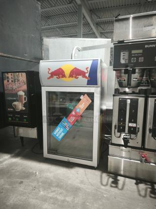 Red Bull VV3 LED Single Door Mini Display Cooler, featuring branding, glass door, excellent condition.