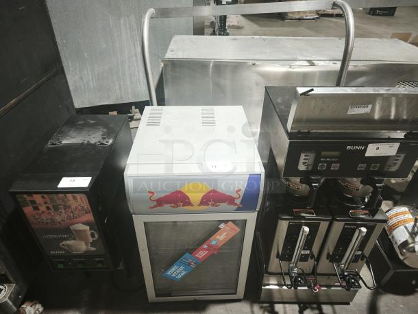 Red Bull Single Door Mini Display Cooler VV3 LED, white with Red Bull logo, includes LED lighting, in good condition.