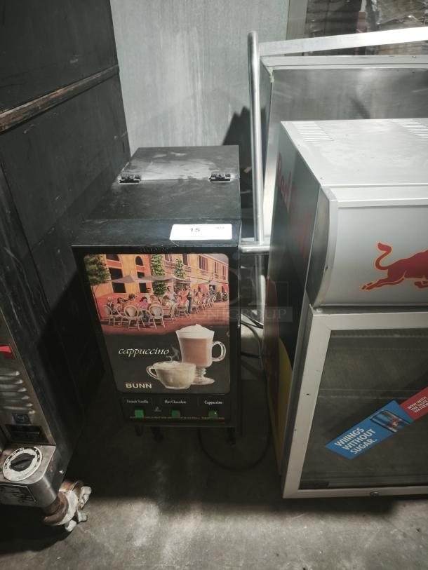 BUNN FMD-3 Fresh Mix Hot Drink Dispenser, 3-hopper model, features cappuccino graphics, used condition, model label visible.
