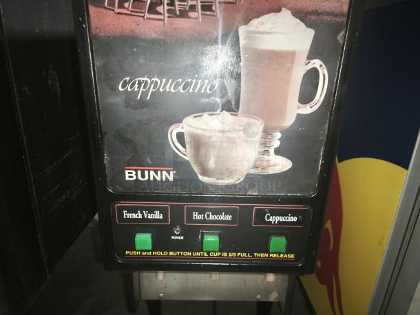 BUNN FMD-3 Fresh Mix Hot Drink Dispenser, 3-Hopper Model. Features buttons for French Vanilla, Hot Chocolate, Cappuccino.