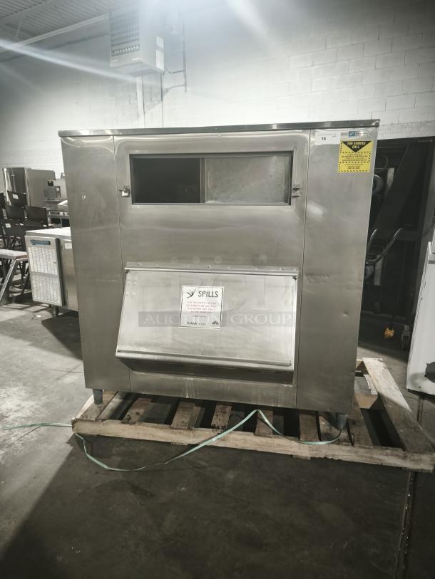 MGR Equipment SP-1650-SS ice storage bin, stainless steel, excellent condition, with spill warning label.