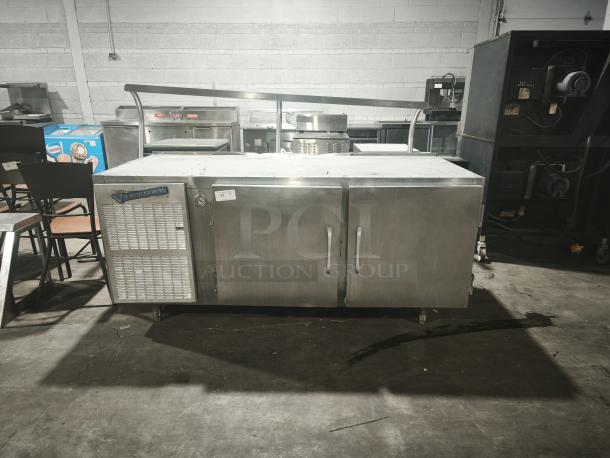 Victory URS‑2S2 commercial refrigerator prep table, stainless steel, dual doors, good condition, visible Victory logo.
