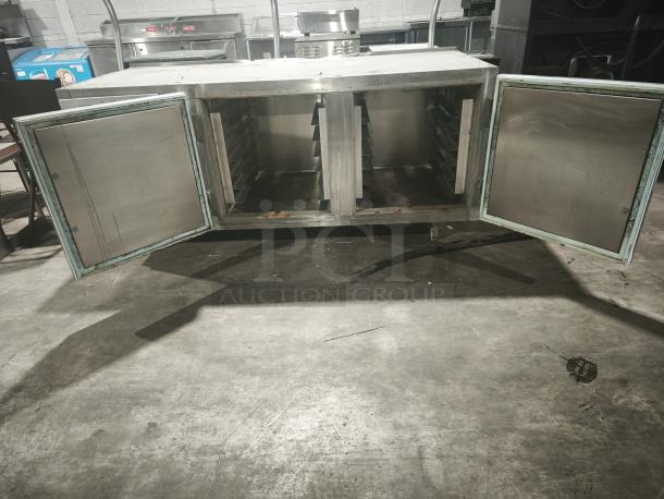 Victory Commercial Refrigerator URS-2S2, stainless steel, double open doors, shelf racks, used condition.