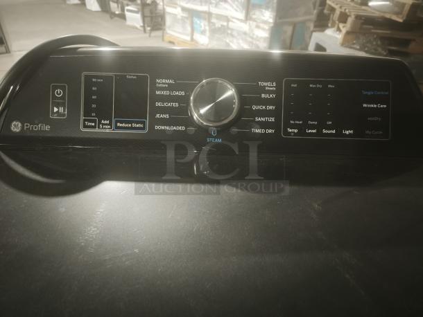 GE Profile Smart Electric Dryer, model PTD70EBPT1DG, 7.4 cu. ft. capacity, front-load with steam and sanitize cycle.