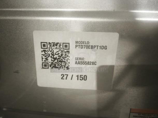 GE Profile Smart Electric Dryer tag, model PTD70EBPT1DG, serial AA555828C, unit 27 of 150.