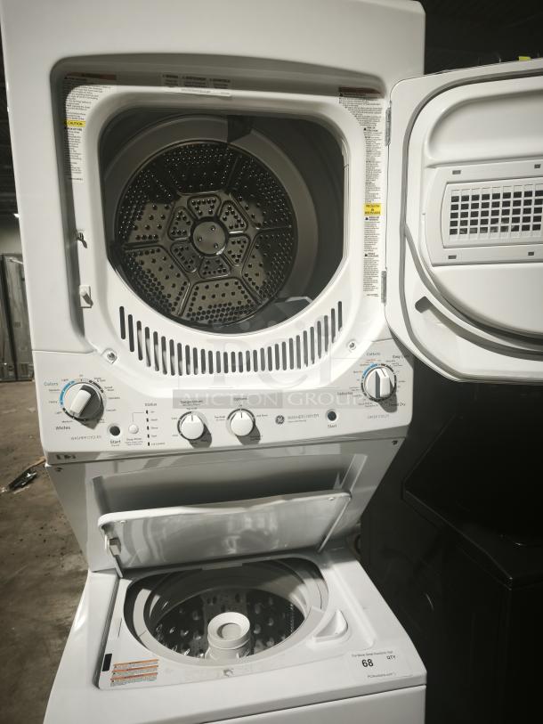 NEW GE Unitized Spacemaker washer and dryer, model GUD24ESSMWW, 2.3 cu ft washer, 4.4 cu ft dryer, stainless steel basket.