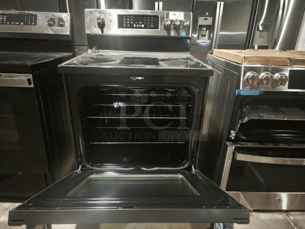 New GE Profile 30″ Smart Electric Convection Range with no-preheat air fry feature, model PB900YVFS, open oven door.
