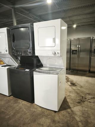 New GE Model WET4024HWO 1.6 cu ft electric stacked washer and dryer in white, compact design, pristine condition.