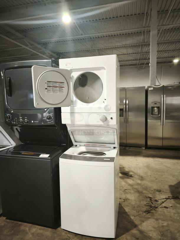 New GE 1.6 cu ft electric stacked washer and dryer, model WET4024HWO. White, compact design, open doors, pristine condition.