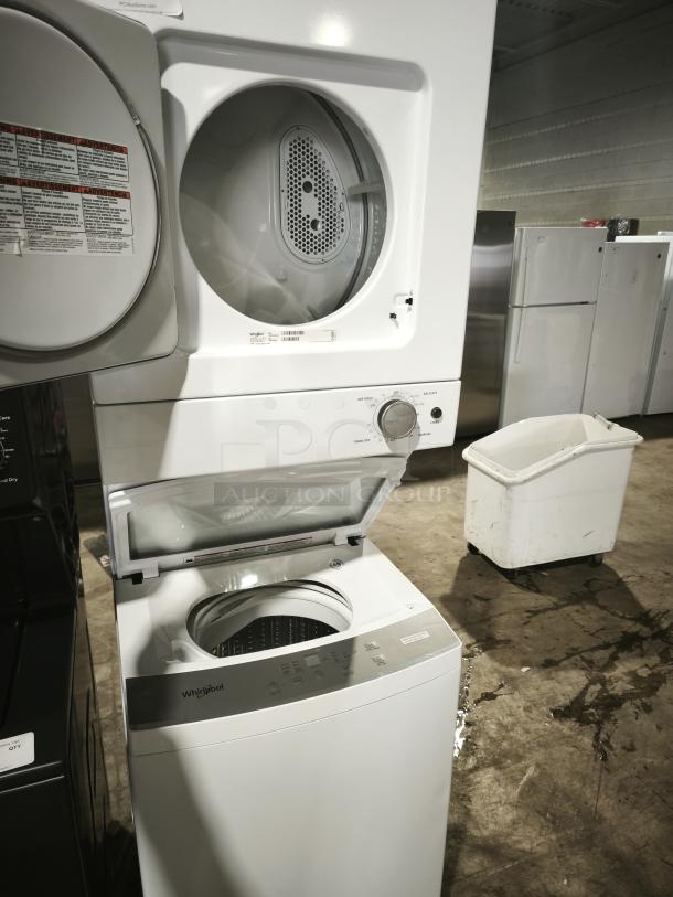 Brand-new Whirlpool 1.6 cu ft electric stacked washer and dryer laundry center, top-load, with control knobs and labels.