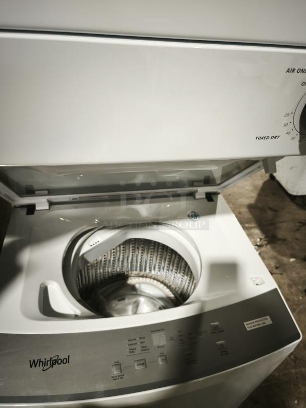 New Whirlpool 1.6 cu ft electric stacked washer & dryer, model WET4024HWO. Key features visible, pristine condition.