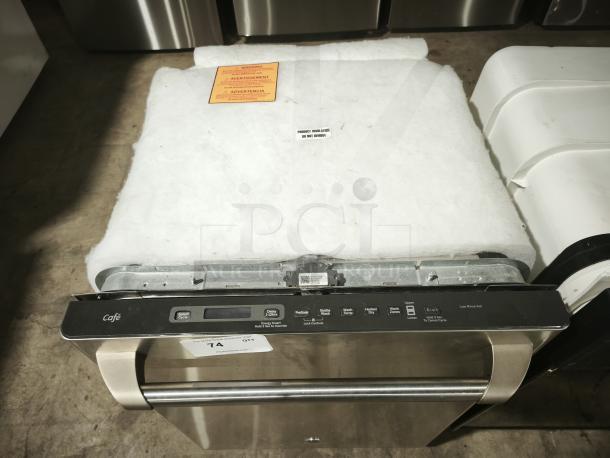 NEW GE Café™ Series dishwasher, model CDT765SF7SS, stainless interior, built-in, protective wrapping, control panel visible.