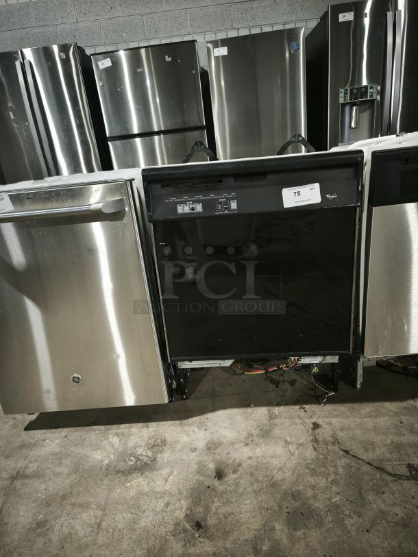GE undercounter dishwasher, model DU925QWDB0, black front panel, visible control buttons, fair condition.