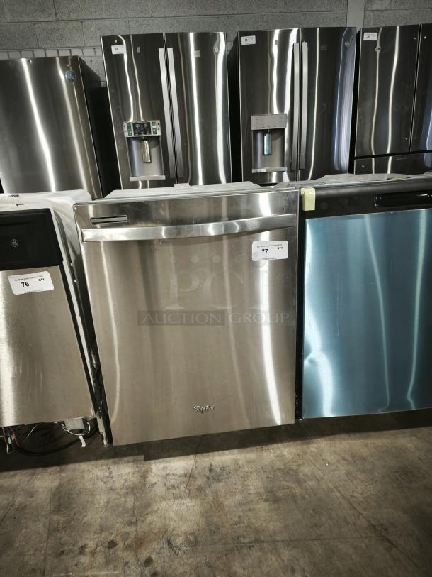 Whirlpool Gold 24" built-in dishwasher, model WDT720PADM2, stainless steel finish, good condition, visible brand logo.