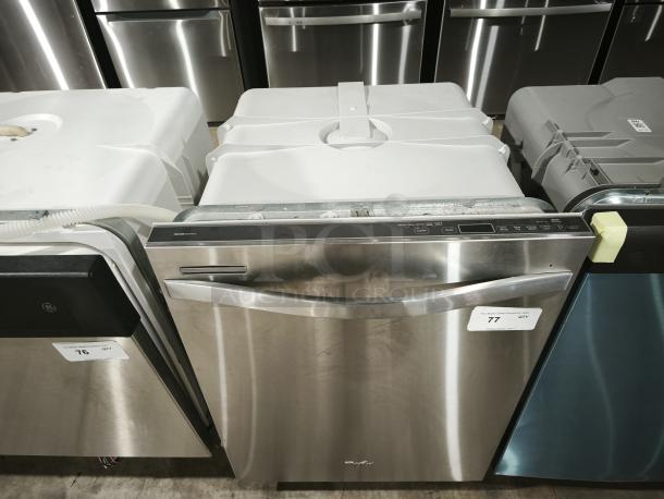 Whirlpool Gold WDT720PADM2 24" built-in dishwasher, stainless steel finish, tall tub, good condition, auction tag #77.