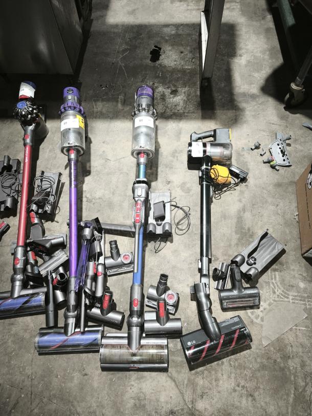Dyson V11 Torque Drive Plus cordless vacuum cleaner, multiple units with attachments, excellent condition, ready for auction.