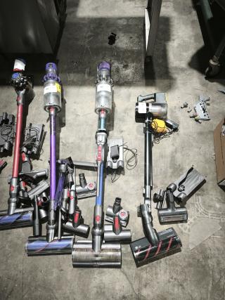 Dyson V11 Torque Drive Plus cordless vacuum cleaner, multiple units with attachments, excellent condition, ready for auction.