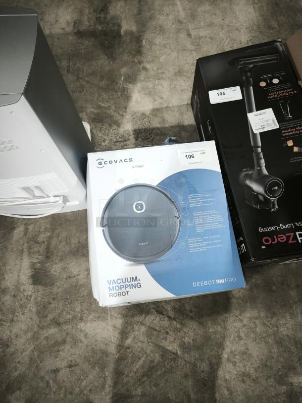 ECOVACS DEEBOT U2 PRO Vacuum and Mopping Robot, new in box, featuring dual functionality and smart cleaning technology.