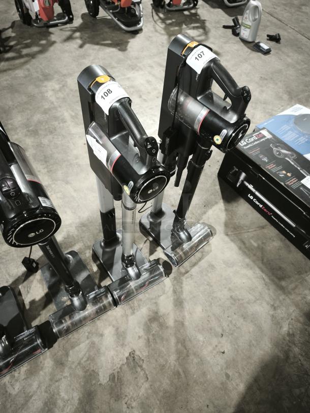 LG CordZero A9 Cordless Stick Vacuum, model A916BM, on display. Includes visible charging stand and controls.