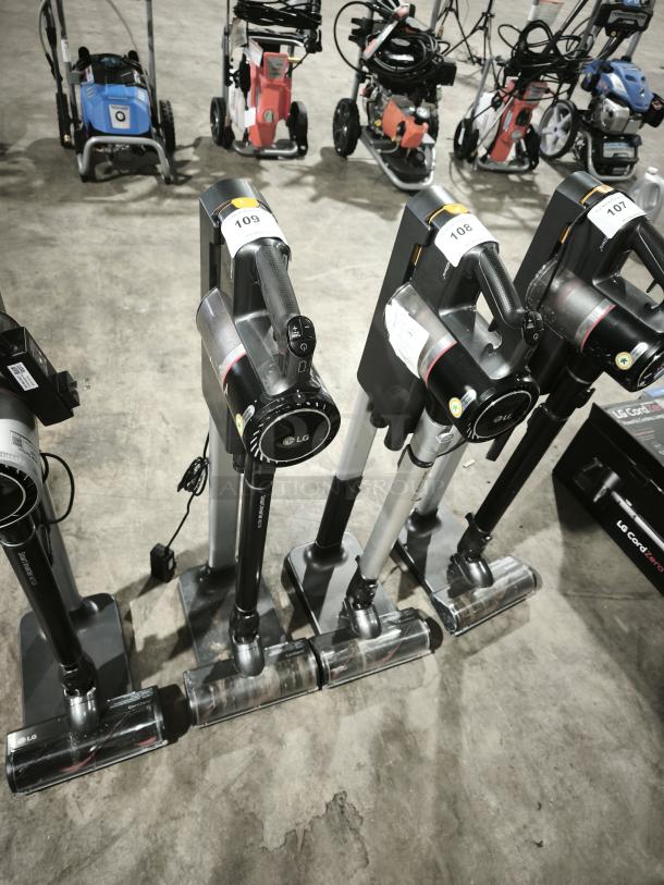 LG CordZero A9 Cordless Stick Vacuum, Model A916BM, in excellent condition, visible control panel, labeled as lot number 109.