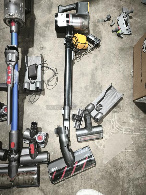 LG CordZero™ A9 A916BM cordless stick vacuum, black and gray, with attachments. Good condition, visible LG logo and model details.