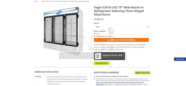 Fogel CR-65-US 78" wide reach-in refrigerator with three glass doors, 65 cu ft capacity, stainless steel floor.