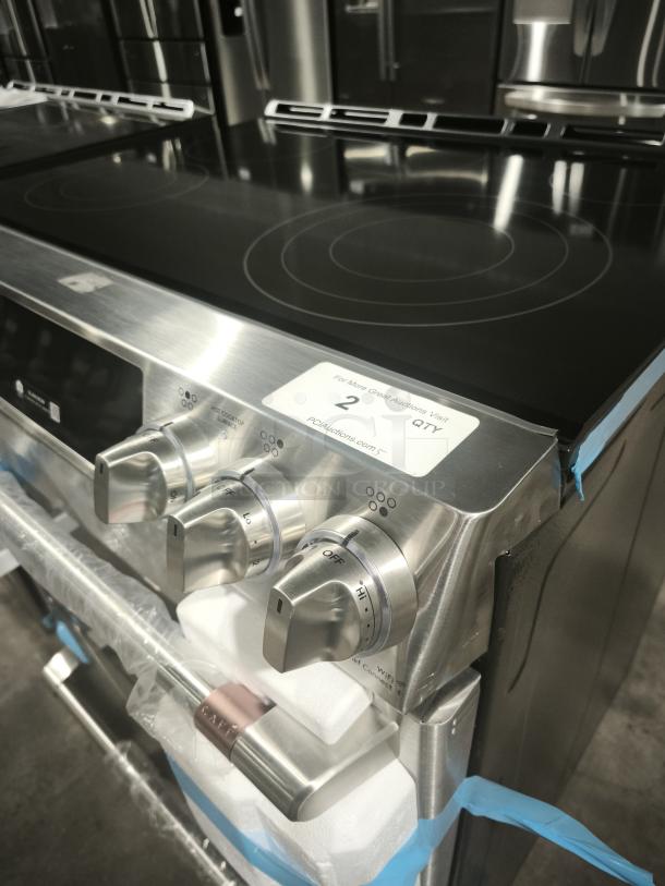 New GE Café 30″ Smart Slide-In Range CES700P2MS1, radiant and convection, with front controls. Stainless steel. Condition: unused.