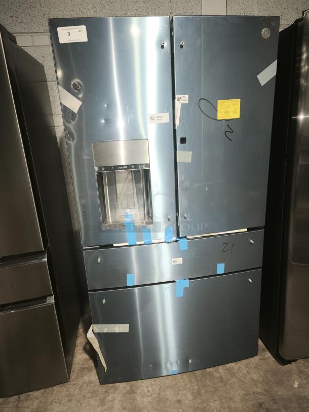GE Profile 27.9 cu ft Smart Fingerprint-Resistant 4-Door French Door Refrigerator, Model PVD28BYNFS, new condition, blue protective tape.