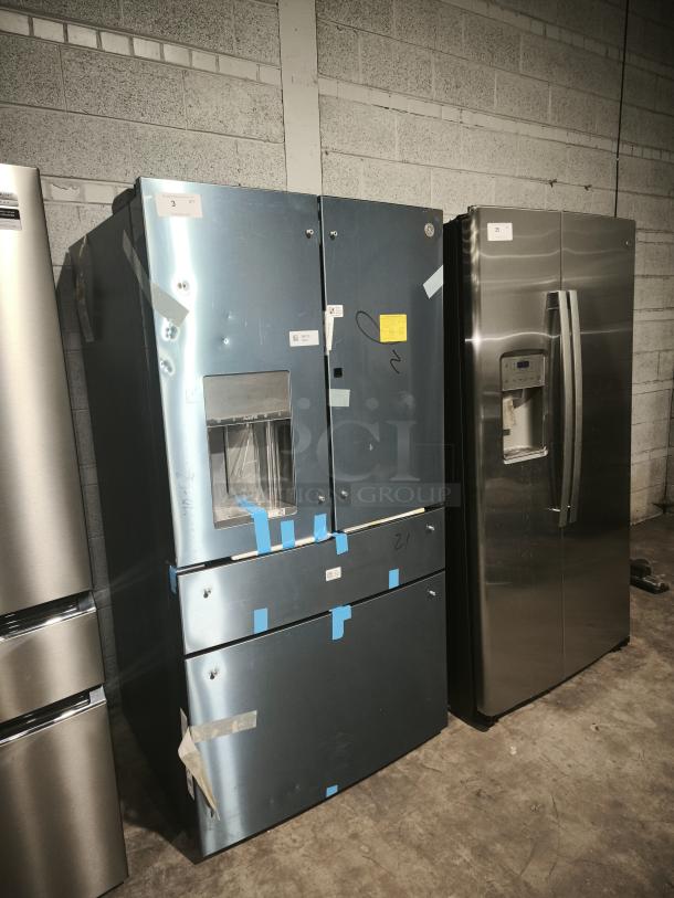 GE Profile 27.9 cu ft 4-Door French Door Refrigerator, Model PVD28BYNFS, in new condition with protective film and labels.