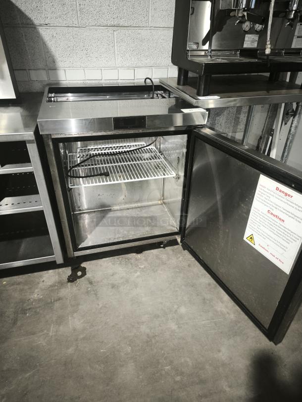 BERG BERS27 Sandwich Prep Table, stainless steel, 8-pan capacity, one-door, open door view revealing internal rack, pristine condition.