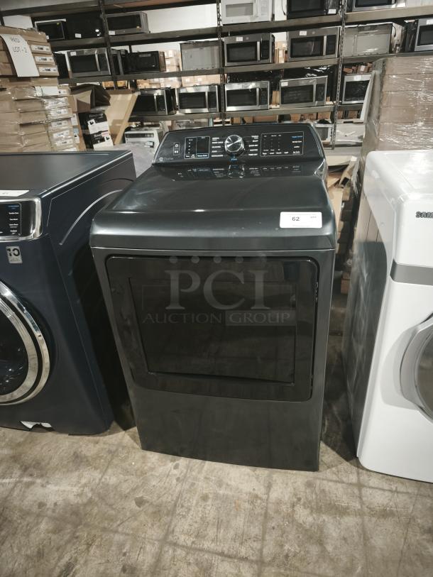 GE Profile Smart Electric Dryer, model PTD70EBPT1DG, 7.4 cu. ft. capacity, front-load, with Steam & Sanitize Cycle, in showroom.