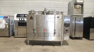 American Metal Ware 7776E Twin 6-Gallon Coffee Urn, stainless steel, dual pumps, well-maintained, model label visible.