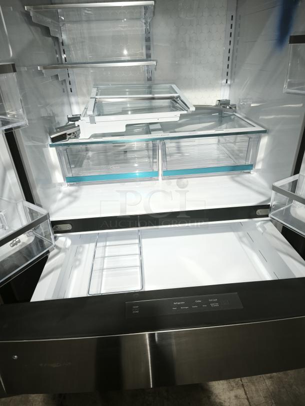 GE Profile™ 28.7 cu ft 4-door French door fridge, model PGE29BYTFS, fingerprint-resistant, dual-dispense AutoFill.