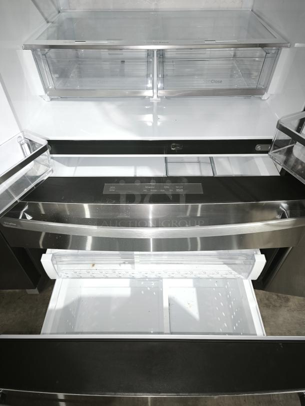 GE Profile™ 27.9 Cu. Ft. Smart 4-Door French-Door Refrigerator, model PVD28BYNFS, fingerprint-resistant stainless steel. Features door-in-door design.