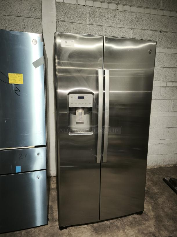 GE 21.8 cu ft counter-depth side-by-side refrigerator, model GZS22IYNFS, fingerprint-resistant, stainless steel.