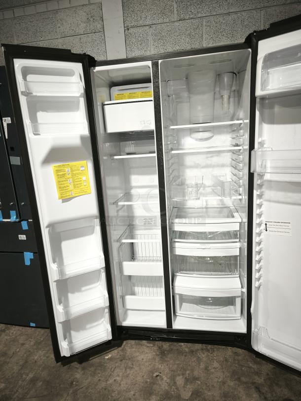 GE 21.8 cu ft Counter-Depth Side-by-Side Refrigerator, Model GZS22IYNFS, fingerprint-resistant, open with visible compartments.