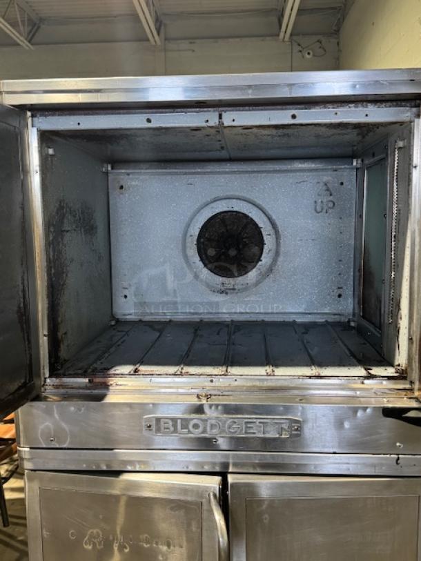 Blodgett EF-111 electric full-size convection oven, used condition, shows interior wear, stainless steel exterior, Blodgett logo visible.