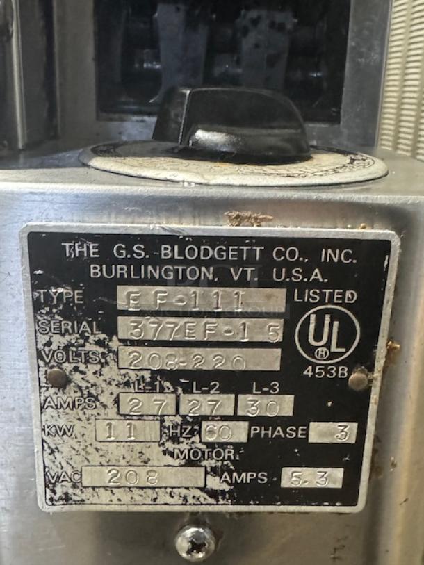 Blodgett EF-111 convection oven label showing model information, serial number, voltage, and amperage details.